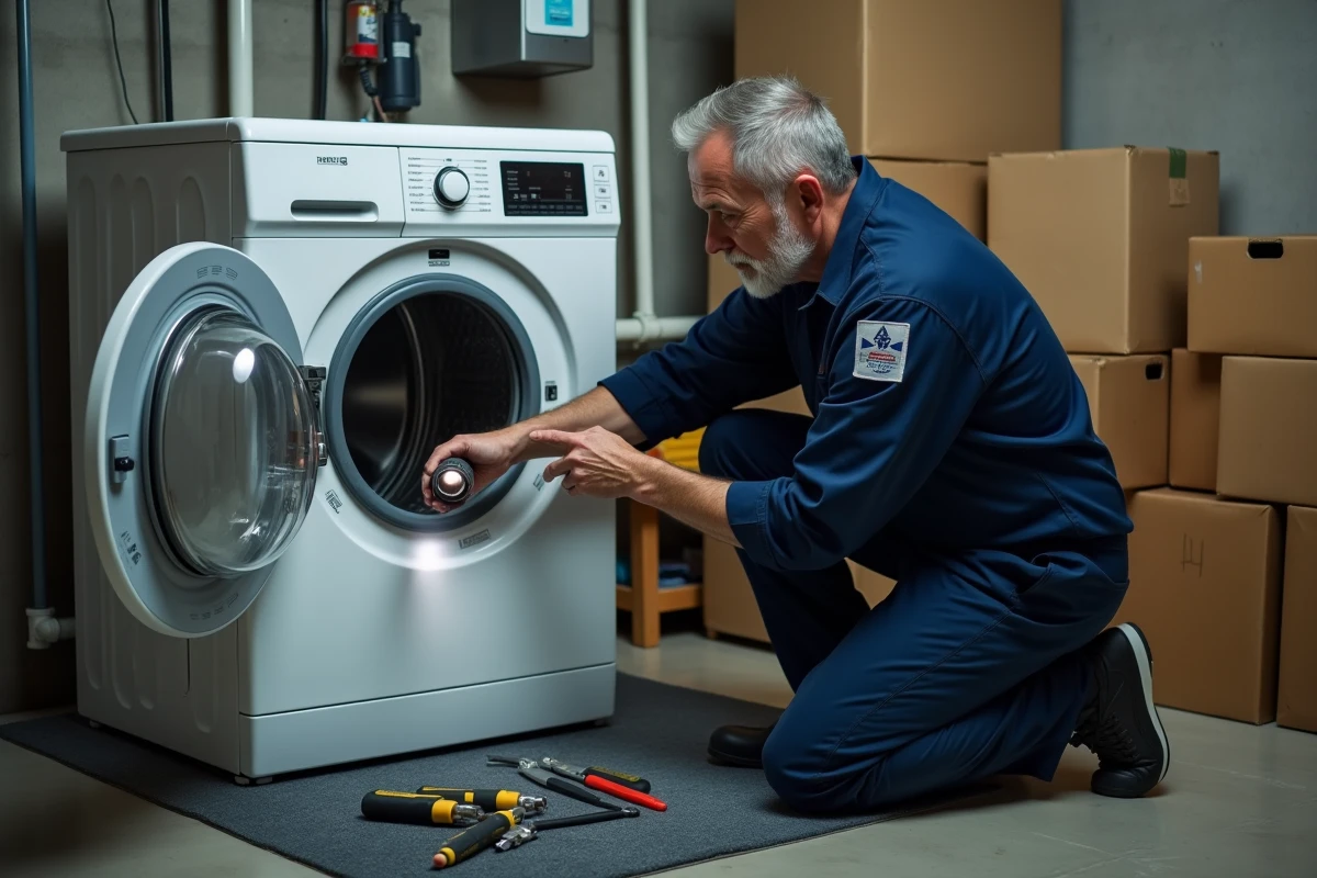 Technicien réparateur inspectant l'intérieur d'un lave-linge ouvert lors d'une intervention à domicile