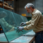 Technicien en atelier inspectant un grand verre industriel