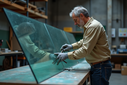 Technicien en atelier inspectant un grand verre industriel