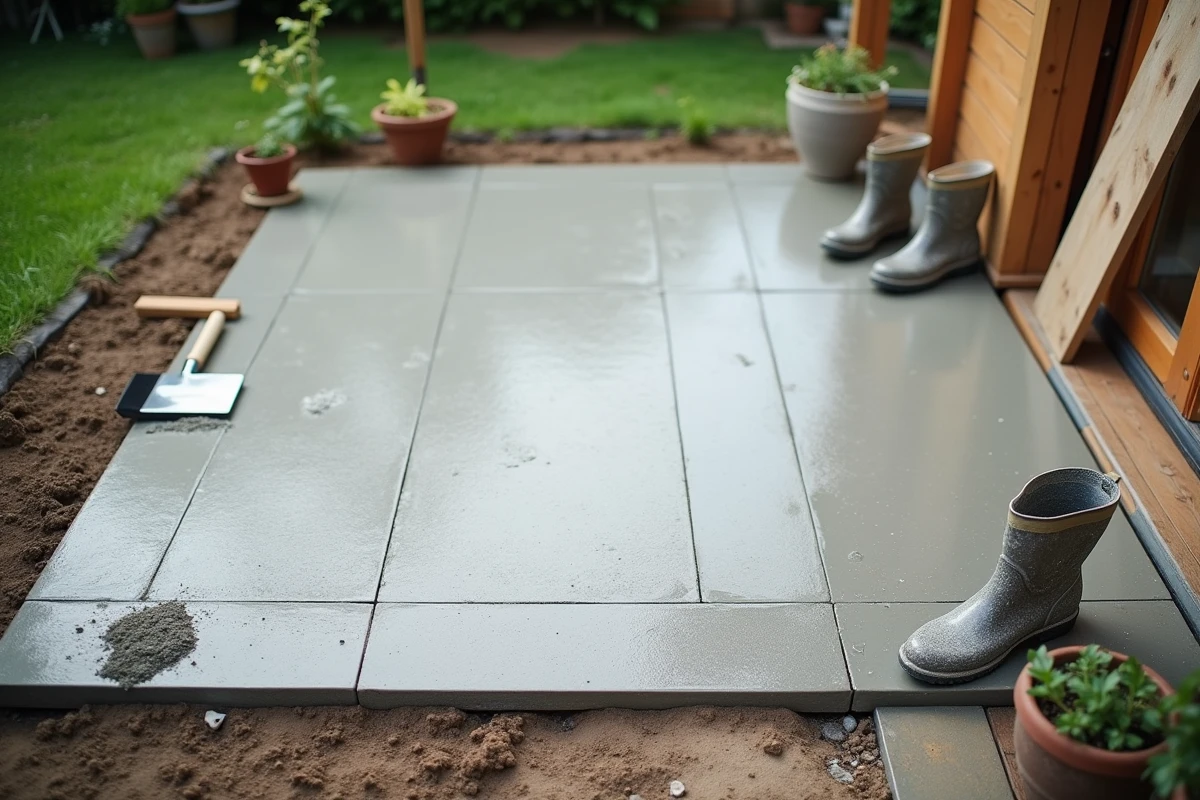 Terrasse en béton finalisée avec finition balai et outils de construction en autoconstruction
