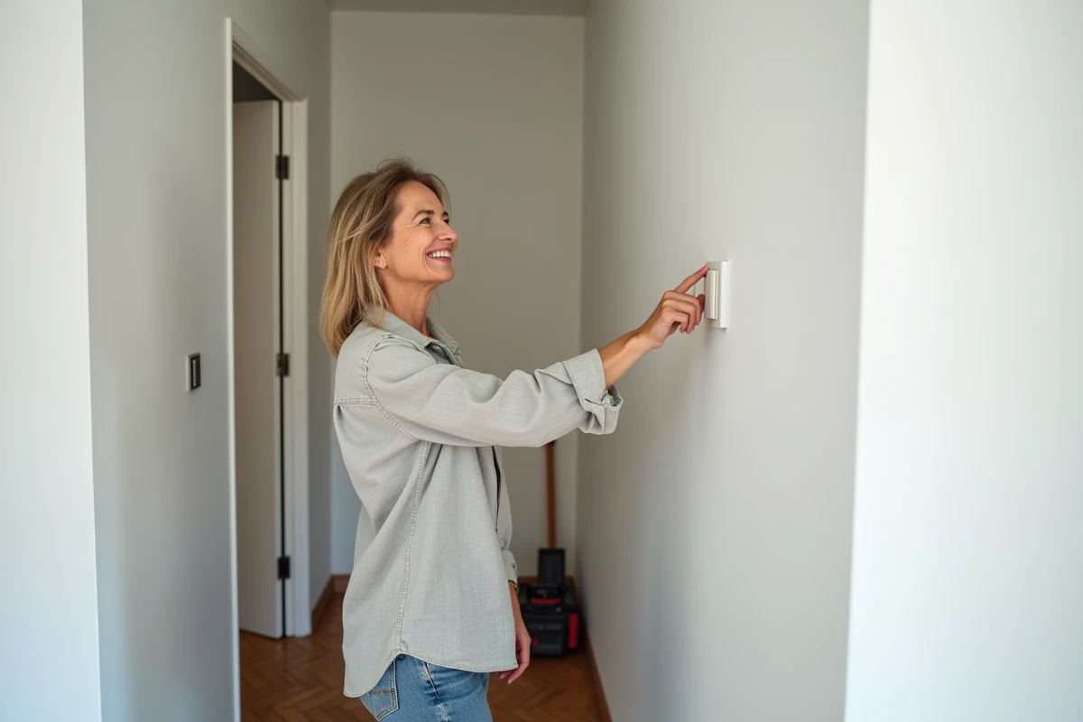 Femme testant un bouton poussoir électrique nouvellement installé dans un couloir rénové