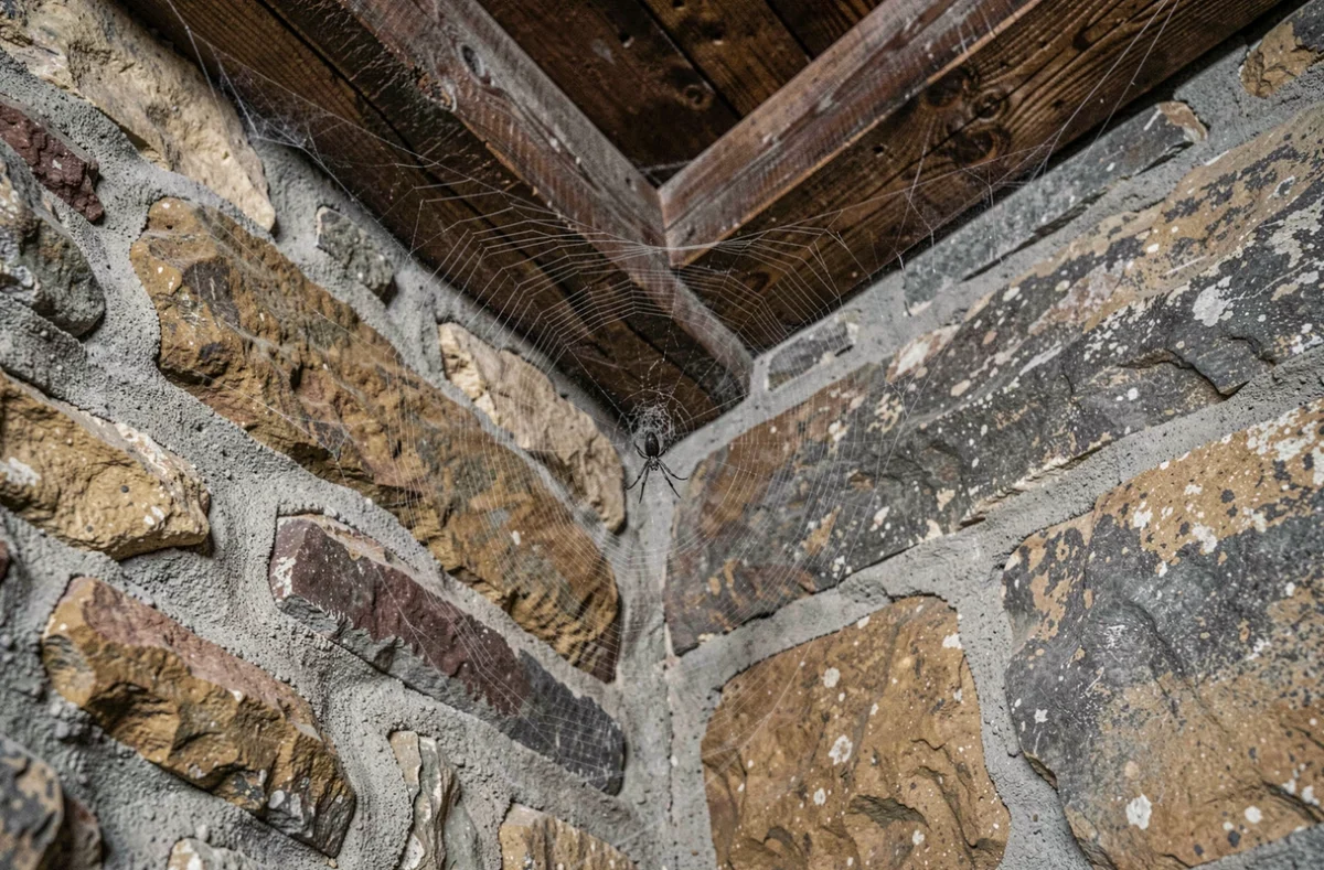 Grande toile d'araignée poussiéreuse dans un coin de cave en pierre française avec araignée visible au centre du réseau