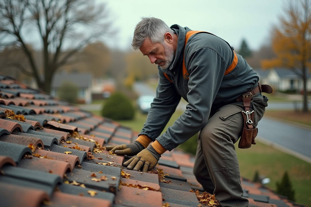 Homme d'âge moyen inspectant un toit endommagé