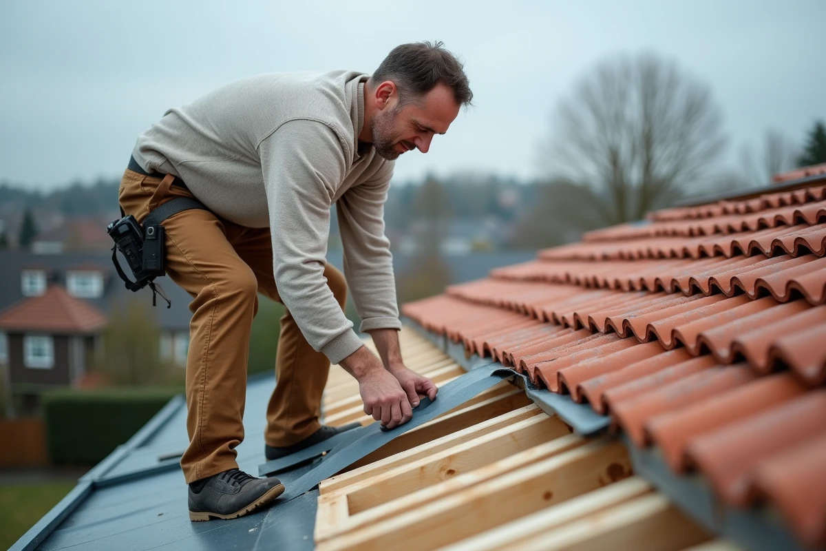 Ouvrier appliquant bande d'étanchéité sur un toit en construction