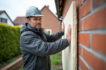 Ouvrier isolant mur exterieur maison résidentielle