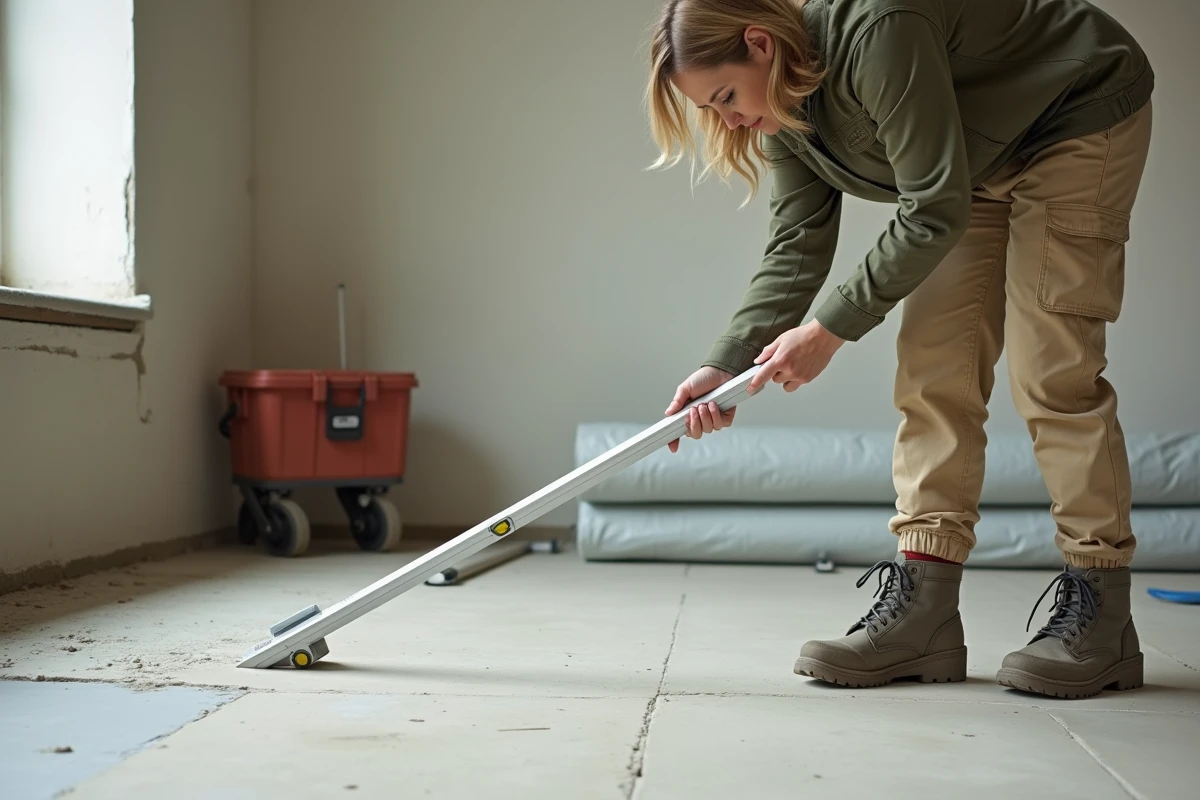 Femme technicienne vérifiant la planéité d'un ragréage séché avec un niveau à bulle dans un appartement en cours de rénovation