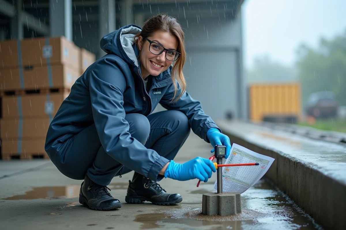 Ingénieure vérifiant la température lors d'un scellement chimique par temps de pluie sur fondation en béton