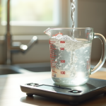 Verre mesureur rempli d'eau sur balance de cuisine