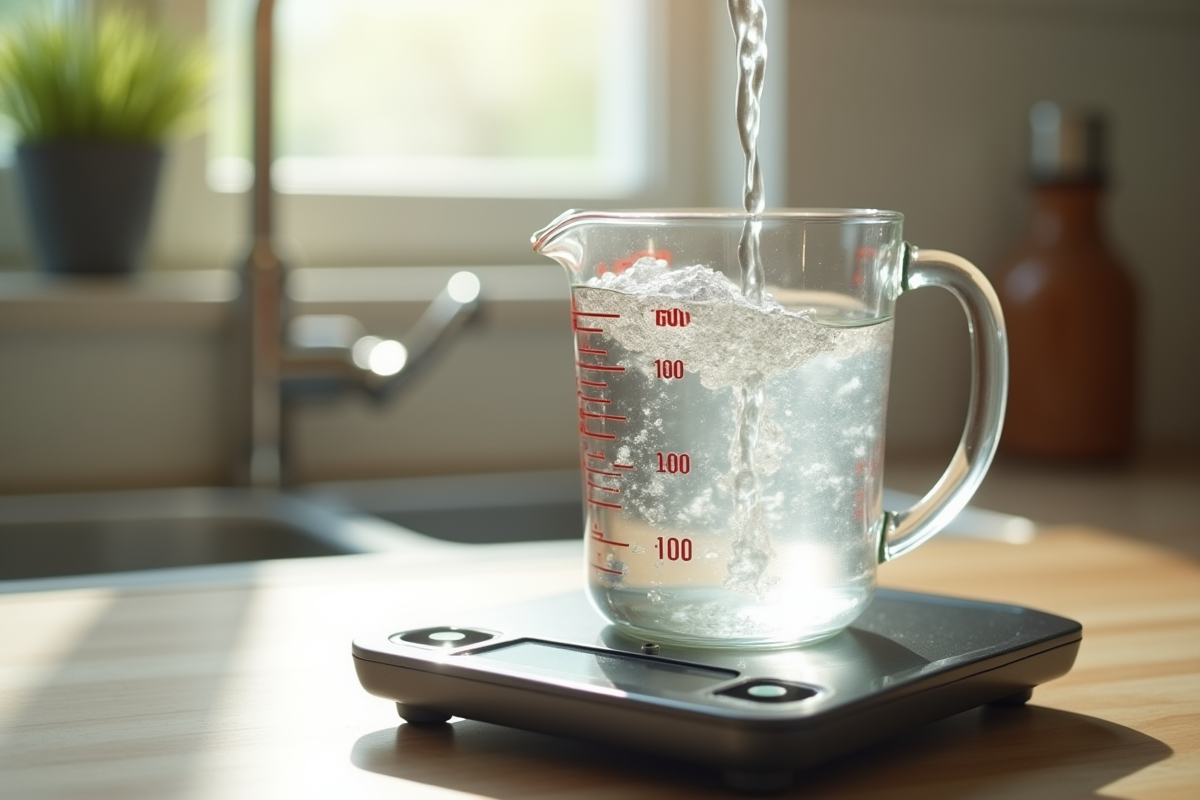 Verre mesureur rempli d'eau sur balance de cuisine