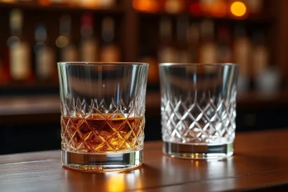 Paire de verres en cristal taillé à la main pour whisky posés sur un comptoir en noyer sombre, révélant des prismes de lumière colorée à travers les facettes du cristal