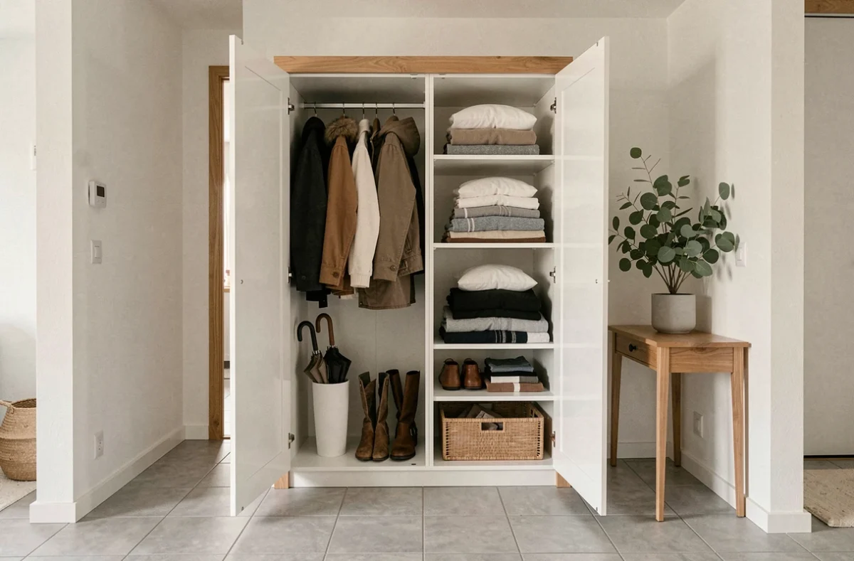 Vestiaire fermé blanc intégré dans une entrée de style scandinave avec manteaux et accessoires bien rangés