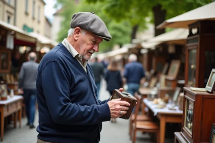 Homme age examinent une radio vintage au marché en DeuxSèvres