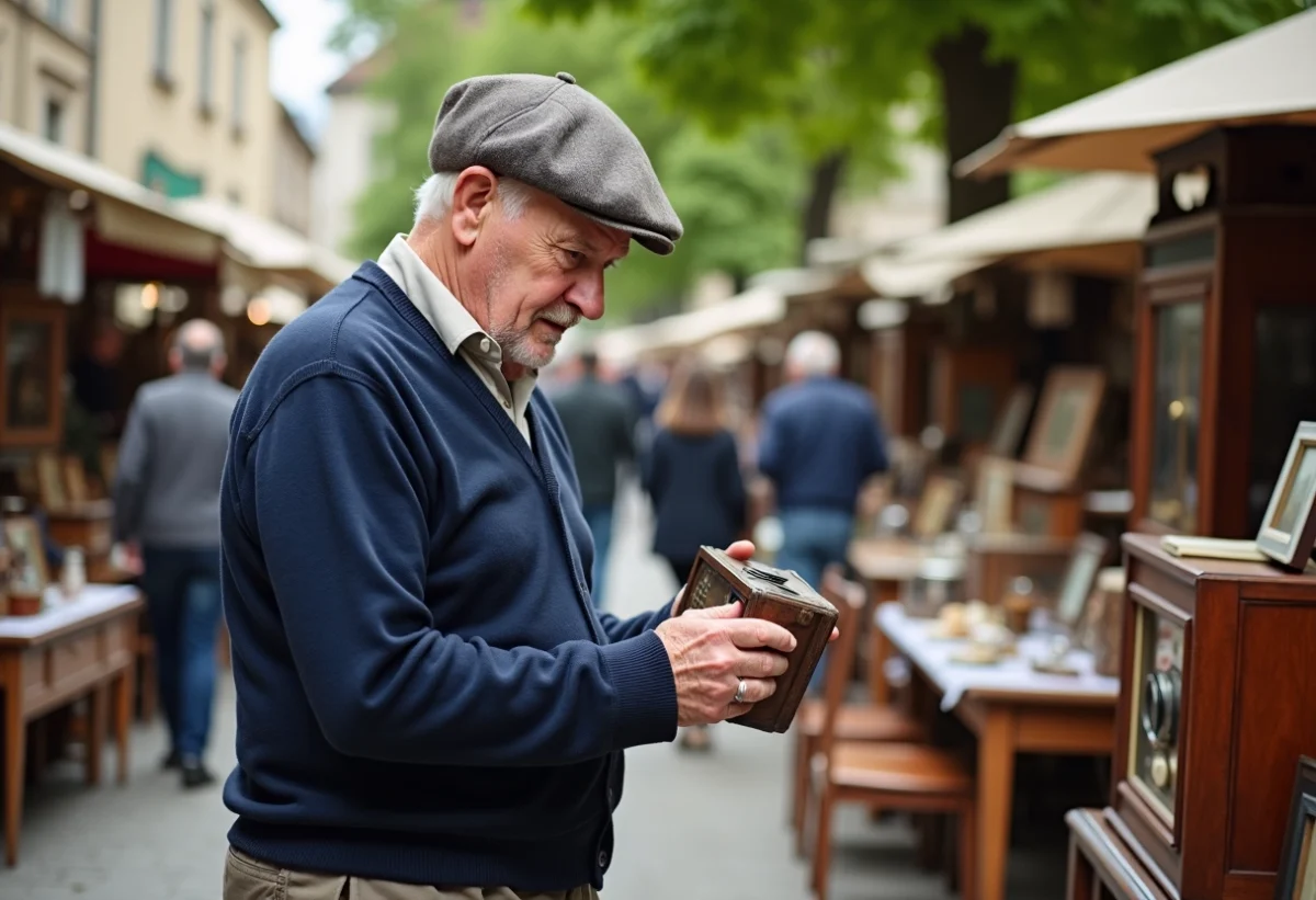 Homme age examinent une radio vintage au marché en DeuxSèvres