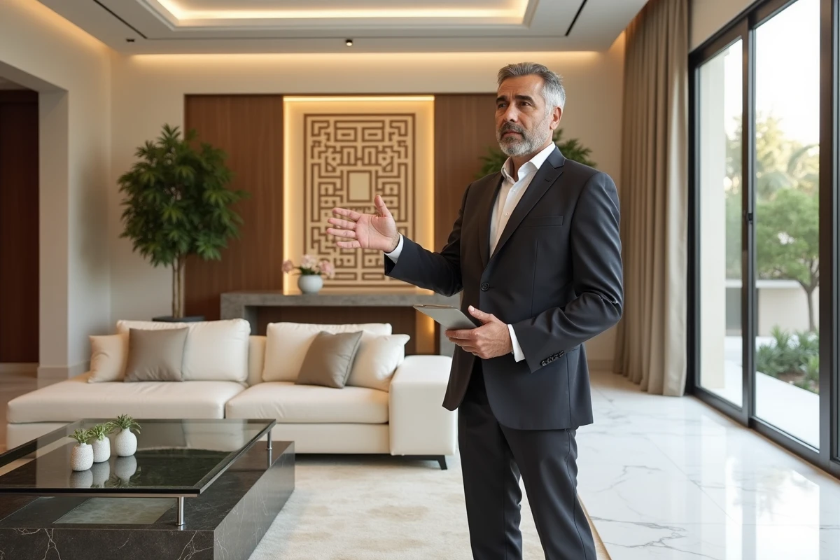 Agent immobilier présentant l'intérieur d'une villa contemporaine à Dubaï avec plafonds hauts, marbre et moucharabieh moderne
