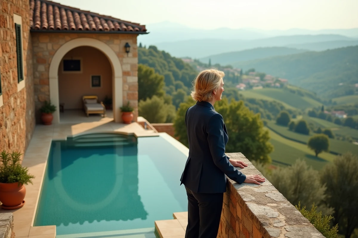 Villa toscane avec piscine à débordement et vignoble, illustrant les standards architecturaux italiens du marché immobilier de luxe