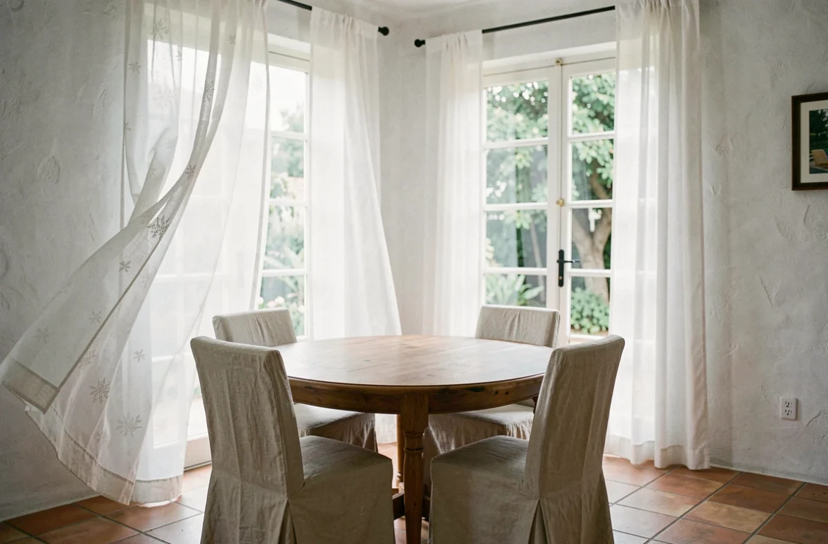 Salle à manger lumineuse avec voilages blancs transparents sur portes-fenêtres style méditerranéen