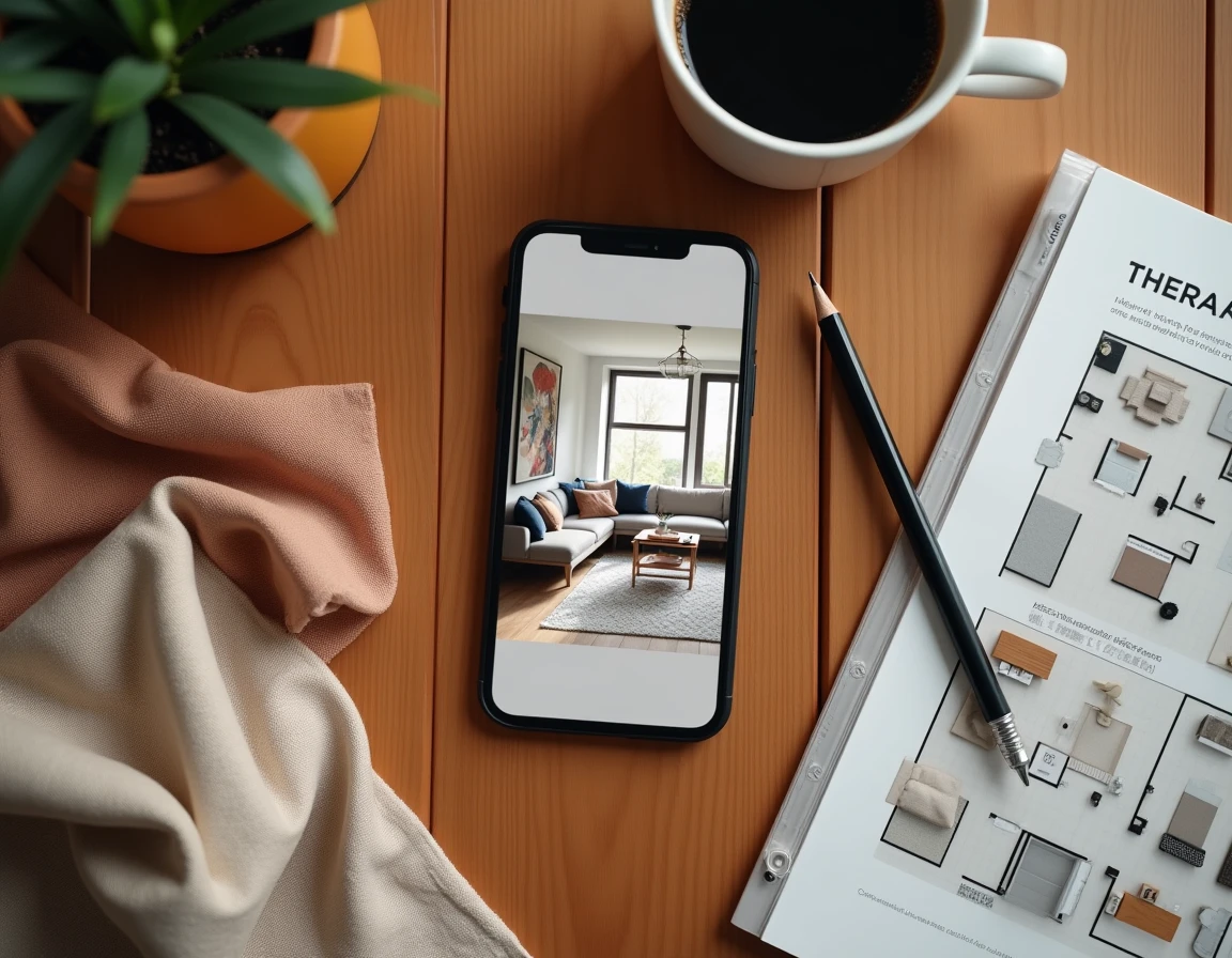 Vue aérienne d'une table avec smartphone affichant une application de décoration entouré d'échantillons de tissus et plans